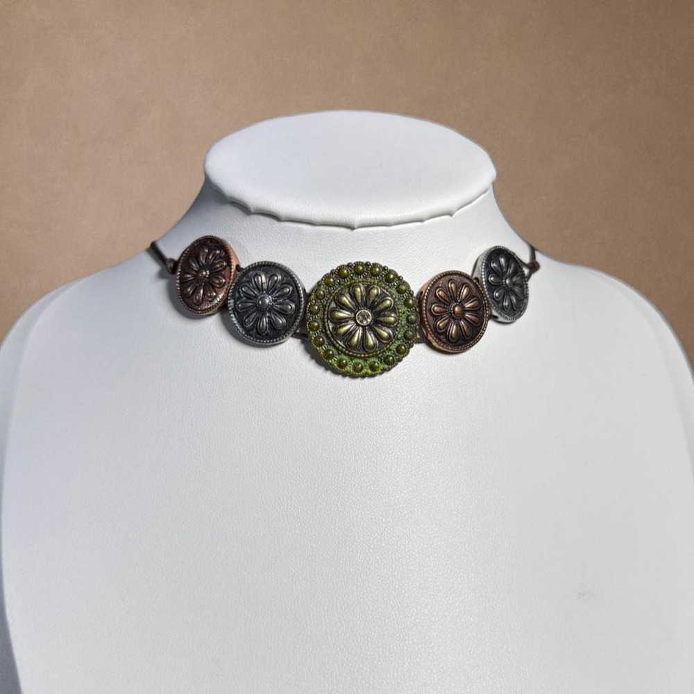 Boho Floral Concho Choker Necklace Mixed Metal Green Bronze Silver Western